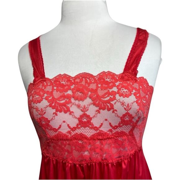 Vintage Custom Made Nightgown Robe Peignoir Set Silky Nylon Red Lace M 34" Bust - Picture 5 of 9